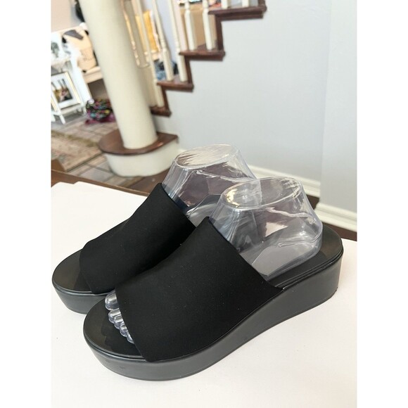 Vintage 90’s Y2K Bebe Black Platform Sandals Slinky Stretch Fabric Top 9 - Picture 1 of 8